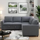 Nodia Design® – Canapé d’angle 5 places convertible en lit avec accoudoirs et avec espace de rangement en forme de L en gris pour salon Appartement Chambre Bureau thumbnail 5