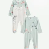 Petit Béguin – Lot de 2 Pyjamas Bébé en Velours Dina- Écru/Vert de Gris - 9 Mois thumbnail 1