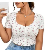 Solflare Tee-shirt court à imprimé floral ditsy avec bordure de laitue - Taille XL thumbnail 1