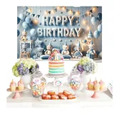 Bannière de fond d'anniversaire avec joyeux ours en peluche, thème bleu, en polyester,210X150cm thumbnail 1