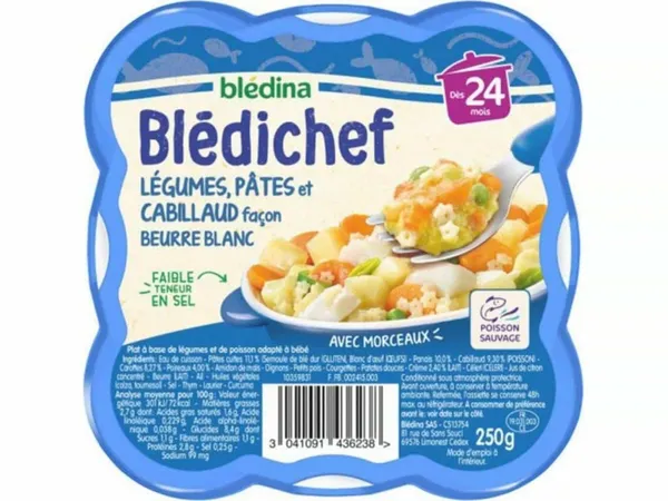 BLEDINA - Blédichef - Légumes, pâtes et cabillaud façon beurre blanc - 250g