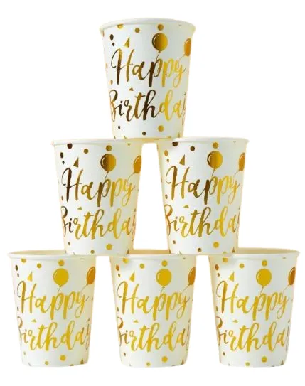 Gobelets en papier jetables – Blanc avec ballons dorés (25 pièces)