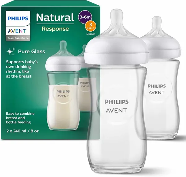PHILIPS AVENT – Natural Response - Biberons en verre 240 ml (8 oz) avec tétines à débit moyen (Débit 3)