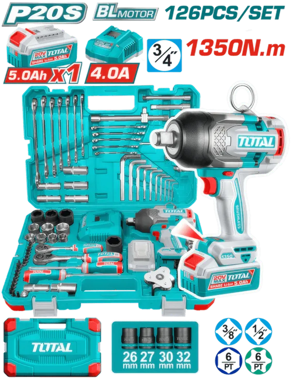 Clé à Choc 20V 1350Nm + Coffret d'Outils de 126 Pièces
