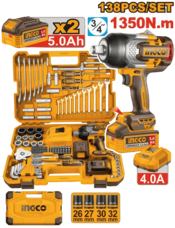 Coffret Outils 138 Pcs + Clé à Chocs 1350 Nm 20V INGCO