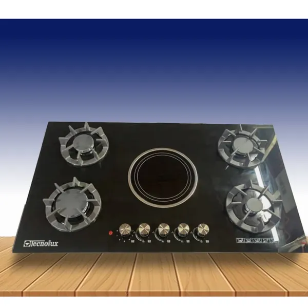 Plaque Technolux Encastrable 5FEUX 90X60 4F A Gaz Et 1F Electrique Noir