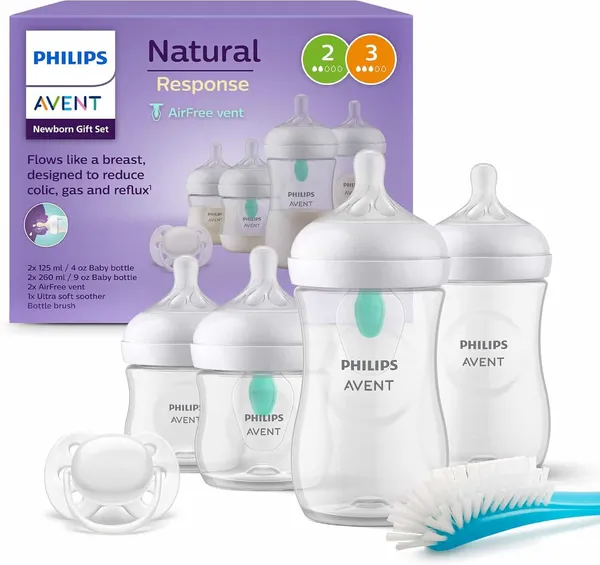 PHILIPS AVENT – Kit biberons avec valve AirFree pour nouveau-né – 4 biberons à Réponse Naturelle + Sucette Ultra-Douce + Goupillon – 0 à 12 Mois (SCD657/11)