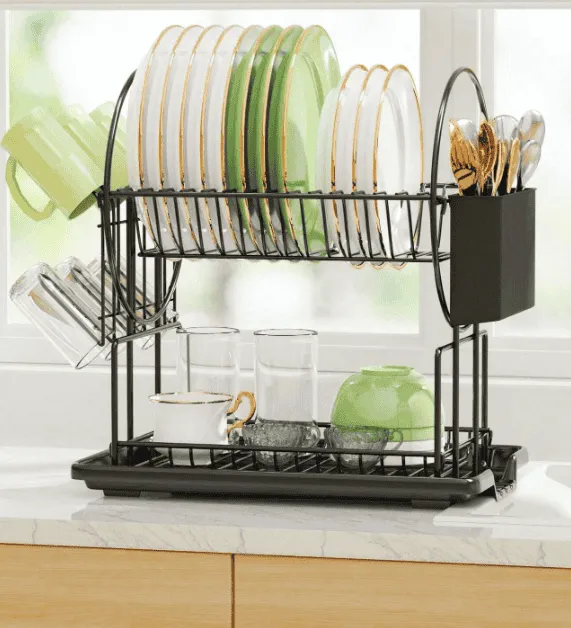 Égouttoir de Cuisine 2 Niveaux avec Drainage Automatique – Noir