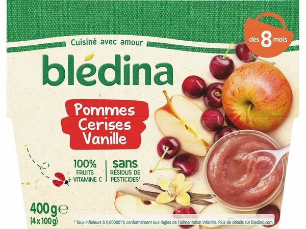 BLEDINA - 4 Coupelles Pommes Cerises Vanille dès 8 mois - 100g