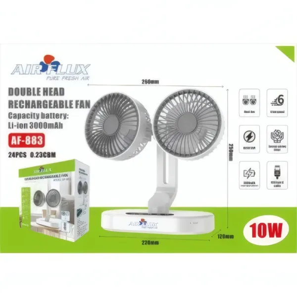 Ventilateur de Bureau Rechargeable Double Tête AIRFLUX AF-883 - 10W