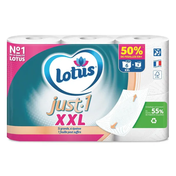 LOTUS - Lot de 6 rouleaux de papier toilette Just.1 XXL avec Aquatube®