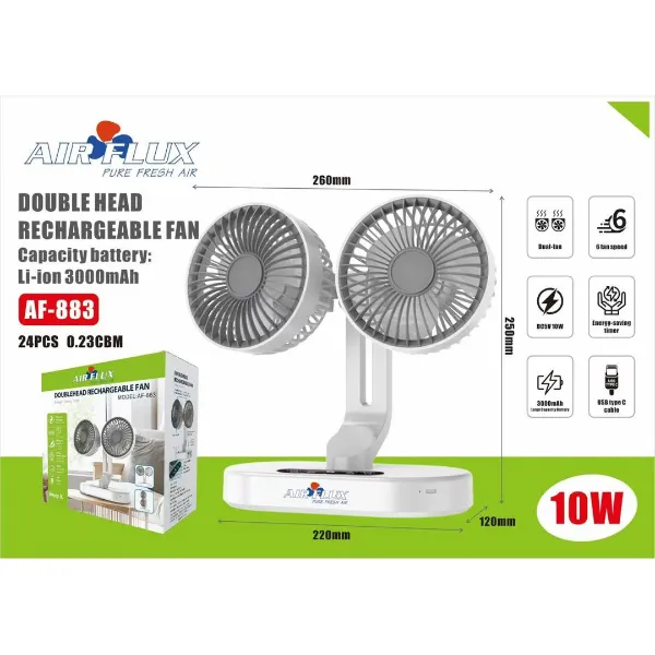 Mini Ventilo double tête rechargeable - Batterie 3000 mAh - 6 vitesses - USB-C - 10W Airflux AF-883