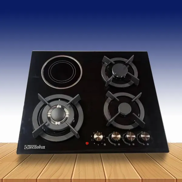 Plaque De Cuisson Technolux 4FEUX 60X60 3F A Gaz Et 1F Electrique Noir TEC4GE