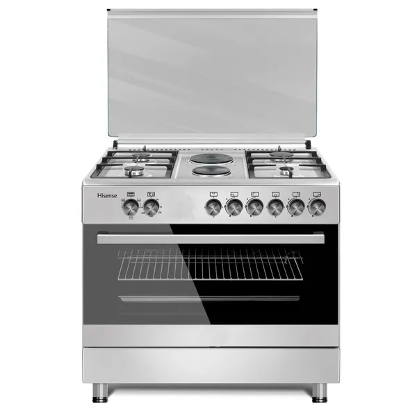 Cuisiniere Hisense 6 feux 90X60 4 feux à Gaz 2 feux Electrique + Four Electrique Gris HF942GEES