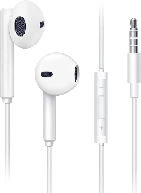K&J - Ecouteurs Filaires avec Microphone et Contrôle du Volume - Cable Jack 3,5 mm (Blanc)