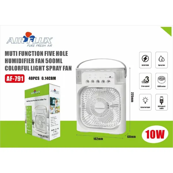 Mini Ventilo humidificateur multifonction - Réservoir 500 ml - Lumière Led - 3 vitesses - USB-C - 10W Airflux AF-791