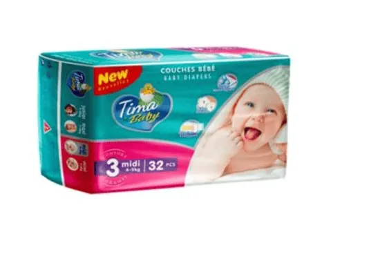 TIMA BABY - Couches bébé taille 3 mini (4-9kg) - Lot de 32 couches