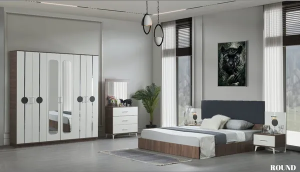 Chambre à Coucher 6 battants 4 pièces Blanc Marron Round
