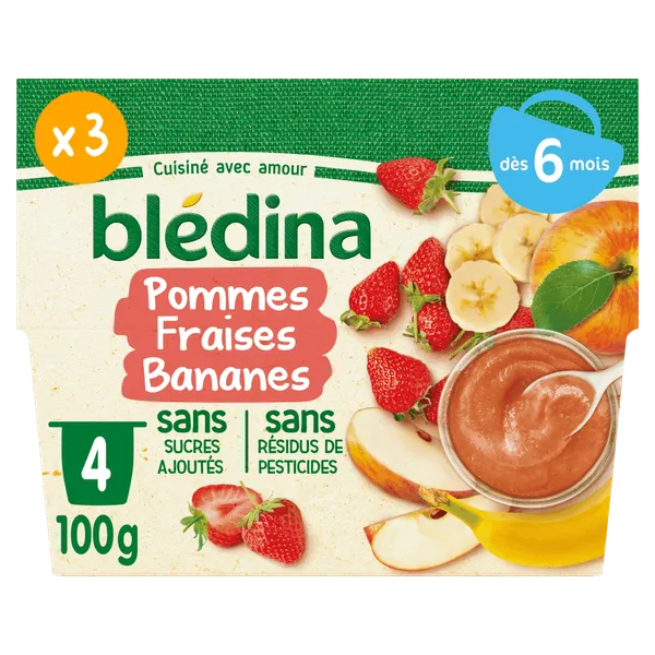BLEDINA - Compote de Fruits Bébé Pommes Fraises Banane - Dès 6 mois