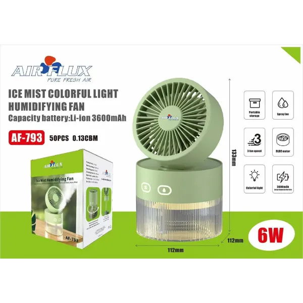 Mini Ventilo humidificateur portable avec lumière colorée 3600 mAh - 3 vitesses - Moteur Bldc - 6W Airflux AF-793