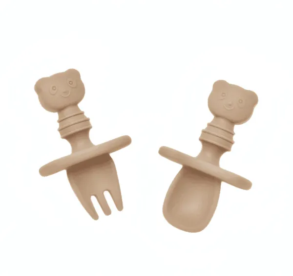 Lot de 2 Cuillères et Fourchettes Bébé en Silicone Alimentaire