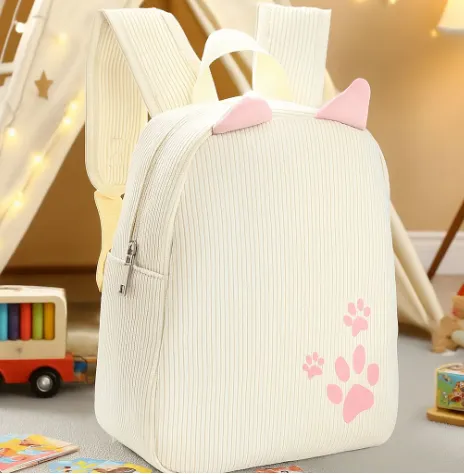 Sac à Dos Velours Côtelé – Patte de Chat Brodée Beige Rose