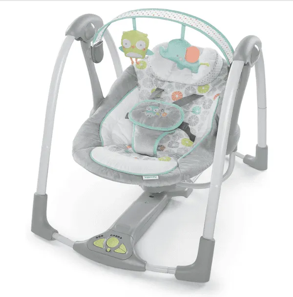 INGENUITY - Balançoire Bébé Swing 'n Go – Portable, Musicale, Gris Hugs & Hoots