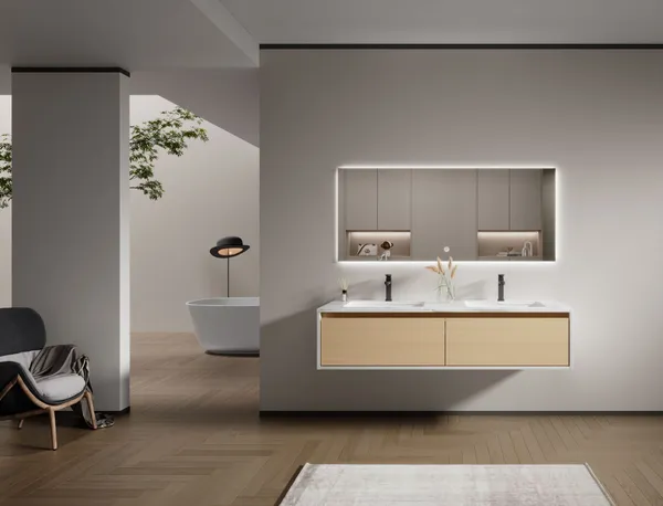 Meuble de salle de bain F-5073 en contreplaqué (plywood) avec miroir led