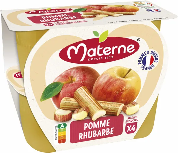 Materne – Compote Pomme/Rhubarbe Allégée en Sucres - 4 x 100 g