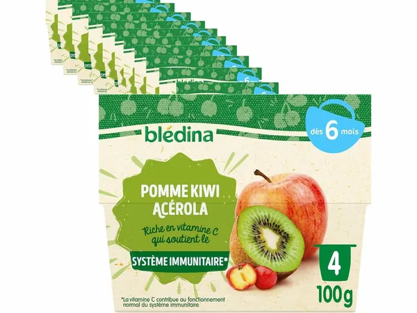 BLEDINA - Coupelles de fruits bébé - Pommes, Kiwi, Acerola - Dès 6 mois - 4X 100g