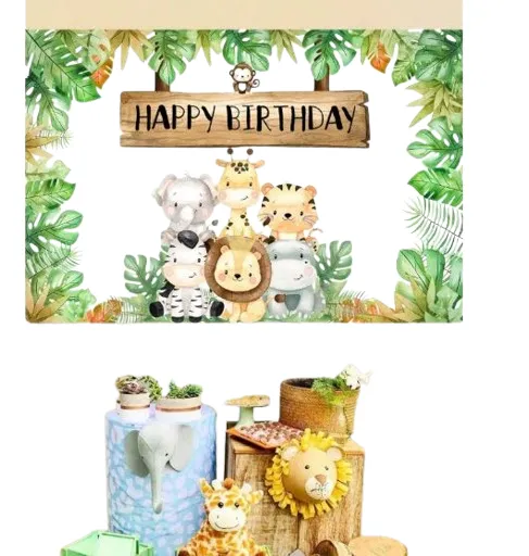 Décor de fond anniversaire – Thème animaux de la jungle