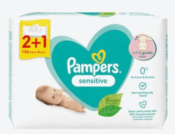 PAMPERS SENSITIVE - Lingettes pour bébé sans parabène - 156 pièces