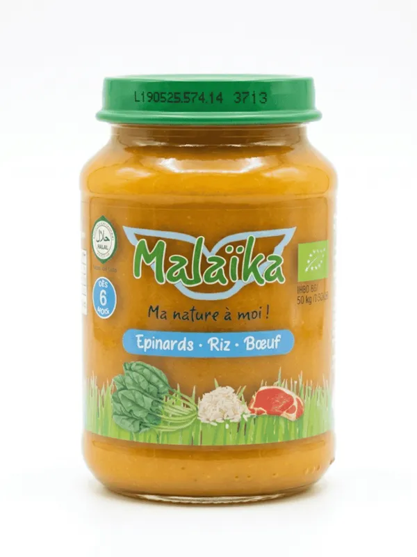 Malaïka – Pot pour bébé Sans gluten - Épinards, Riz & Bœuf – Dès 6 mois – 190 g