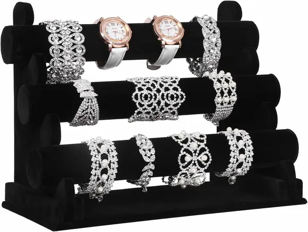 SONGMICS - Porte-Bijoux 3 Barres en Velours Noir – Présentoir Colliers, Bracelets & Montres