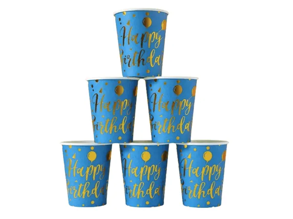 Gobelets en papier jetables – Fond bleu et ballons dorés (25 pièces)