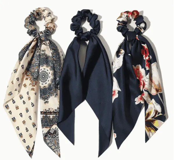 Chouchous Furling Girl – Lot de 3 Élégants, Ruban Flottant & Motifs Bleus