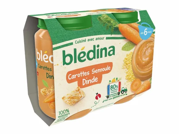 BLEDINA - Pot Bébé Carottes Semoule Dinde, Dès 6 mois - 2x200g