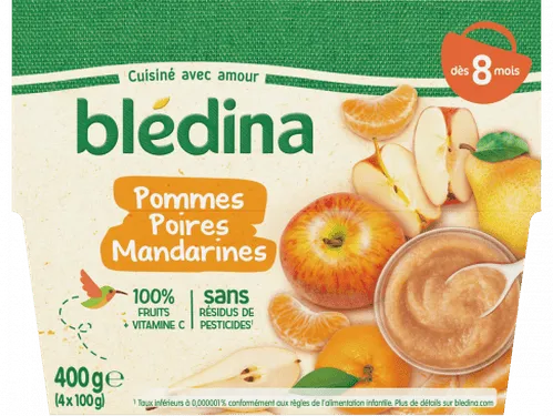 BLEDINA - Compote de Fruits Bébé Pommes Poires Mandarines - Dès 8 mois