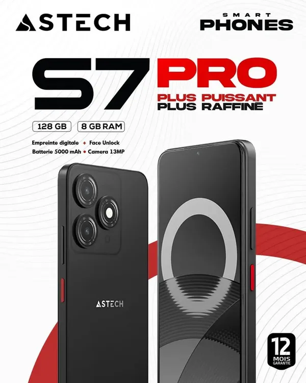 Smartphone Astech S7 – 128GB, 8GB RAM, Batterie 5000 mAh, Double Sécurité, Caméra 13MP