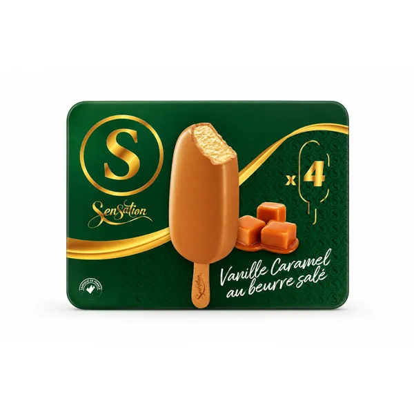 Sensation – Bâtonnets de glace Vanille & Caramel au Beurre Salé – 4 x 120 ml