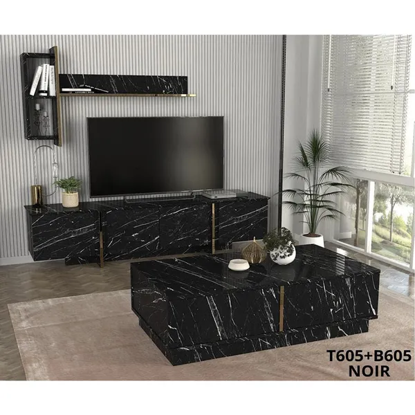 Table Téléviseur Nabou Unit Black Marble T605 + Table Basse B605