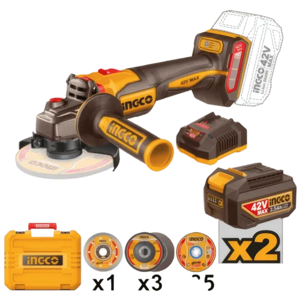 Meuleuse d’Angle 42V Ingco 1280W Brushless + 29 Disques