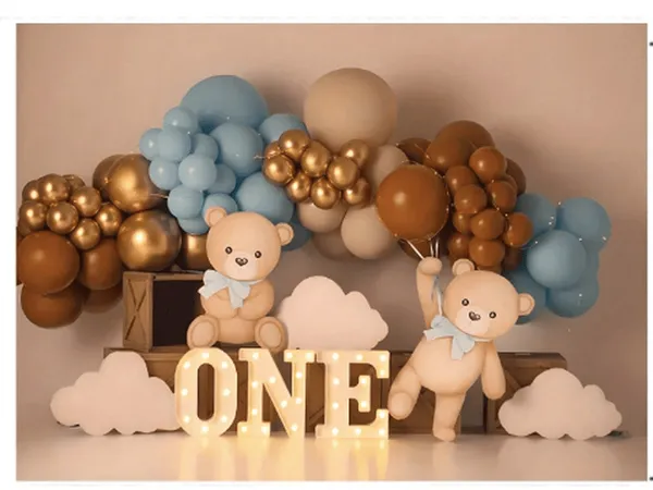 Toile de fond anniversaire 1 an – Oursons et ballons dorés 210×300 cm
