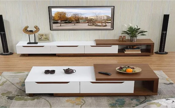 Table Televiseur 2000X400X450 TV207 Blanc Marron TV203 + Table Basse TVB048