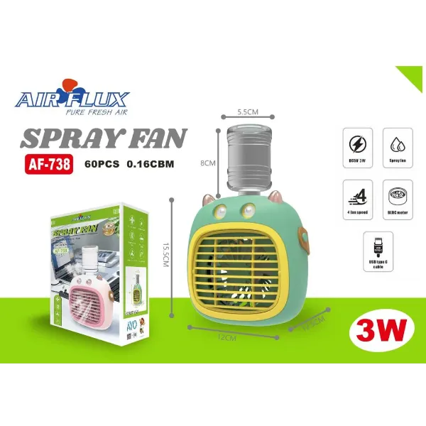 Ventilateur Humidificateur portable - Recharge USB-C - 4 vitesses - Réservoir d'eau - 3W Airflux Ventilo Mini AF-738