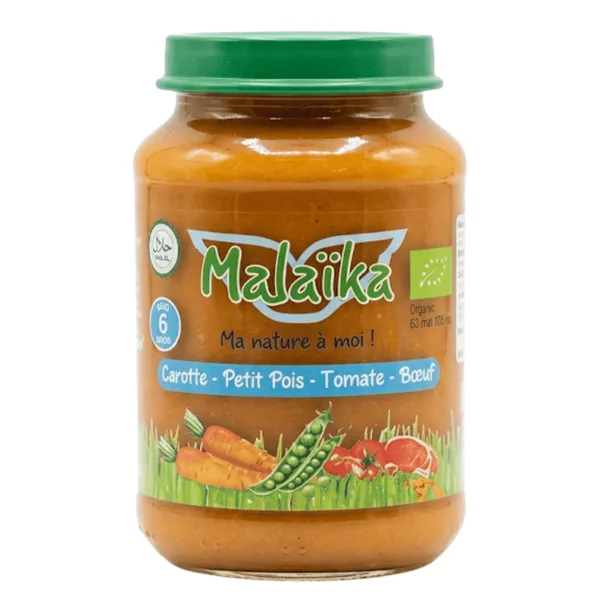 Malaïka – Pot pour bébé Sans gluten - Carotte, Petit Pois, Tomate & Bœuf – Dès 6 mois – 190 g