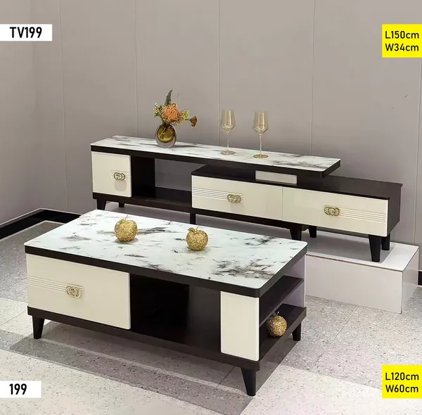 Table Televiseur Marron Beige 150X34 TV199 + Table Basse 120X60 199