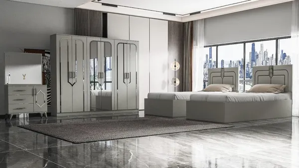 Chambre à Coucher 2LITS Jumeaux 6 battants 4 pièces Gris Clair Ema Twin