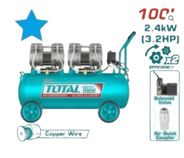 Compresseur d'air sans huile double moteur 100L