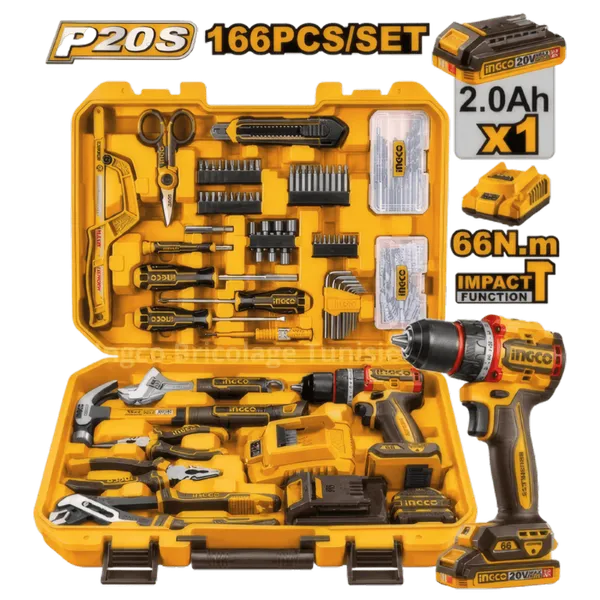 Coffret Outils Sans Fil Ingco 166 Pcs 20V 66Nm – HKTHP41662